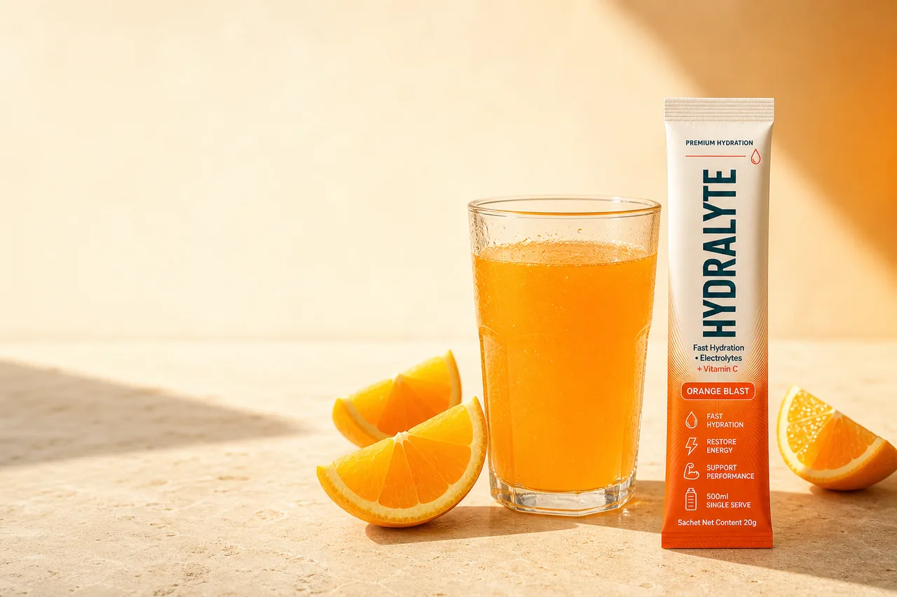 Orange Blast mixed drink with sachet on sunlit stone
