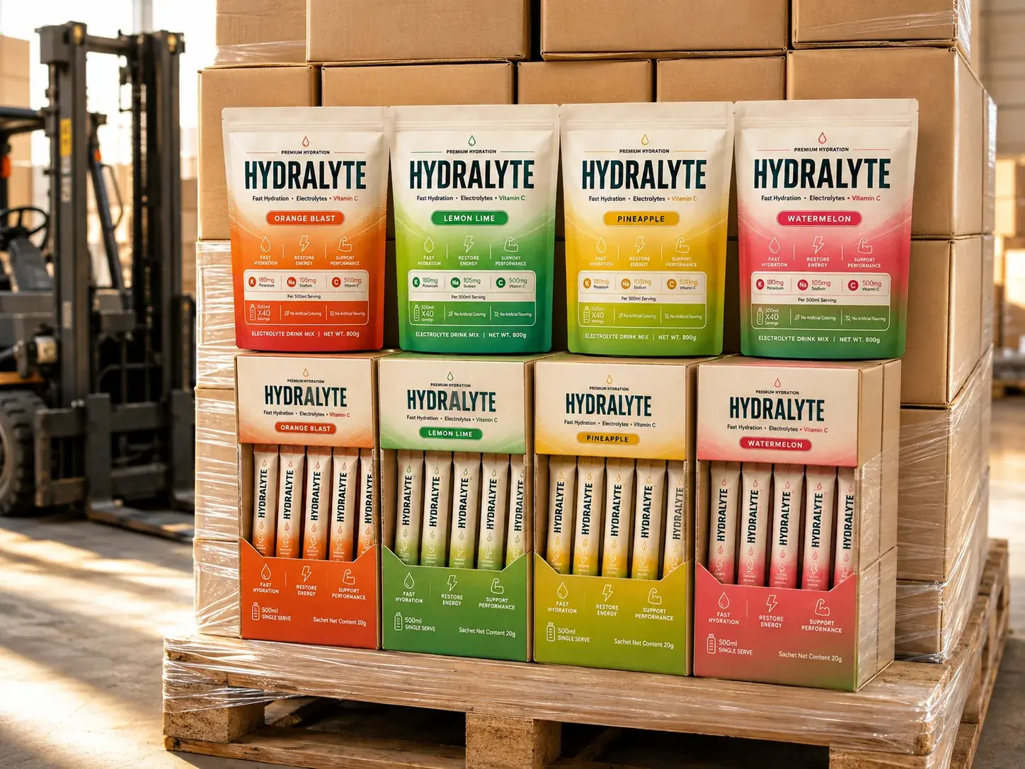 Pallet of Hydralyte 800 g pouches and 20 g stick boxes staged in a warehouse bay for scheduled site supply