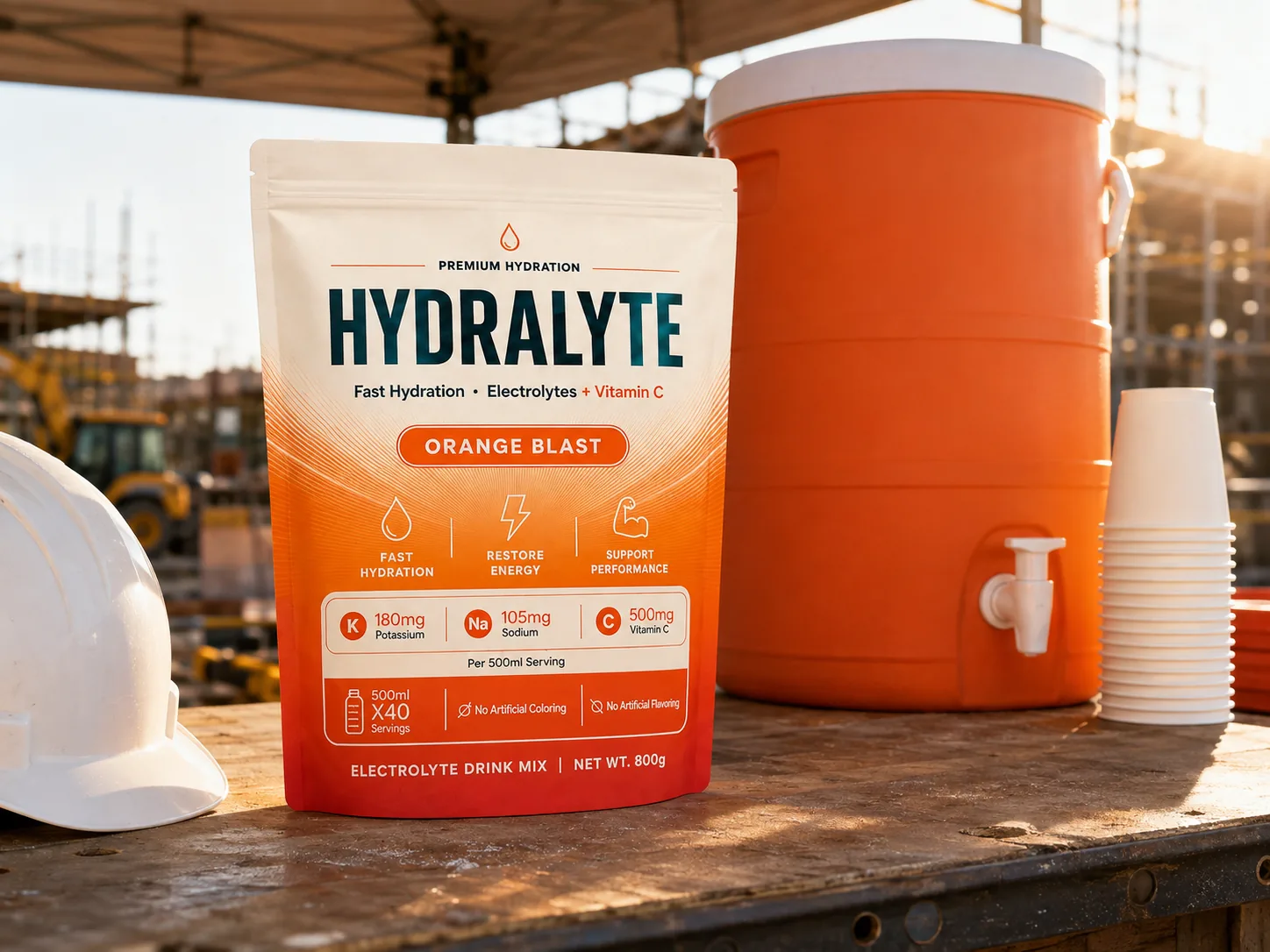 Hydralyte Orange Blast 800 g pouch on a worksite welfare-station table beside a 10-litre dispenser and stacked cups under a shade canopy