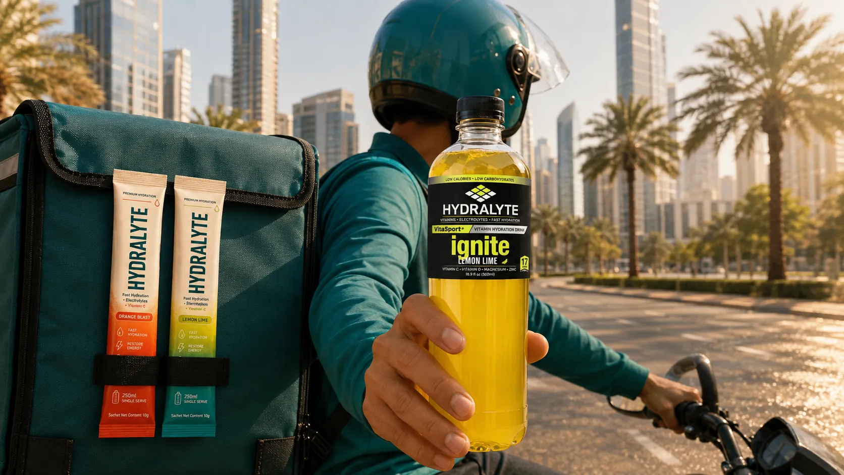 A delivery rider on a hydration run with Hydralyte sticks in the courier bag