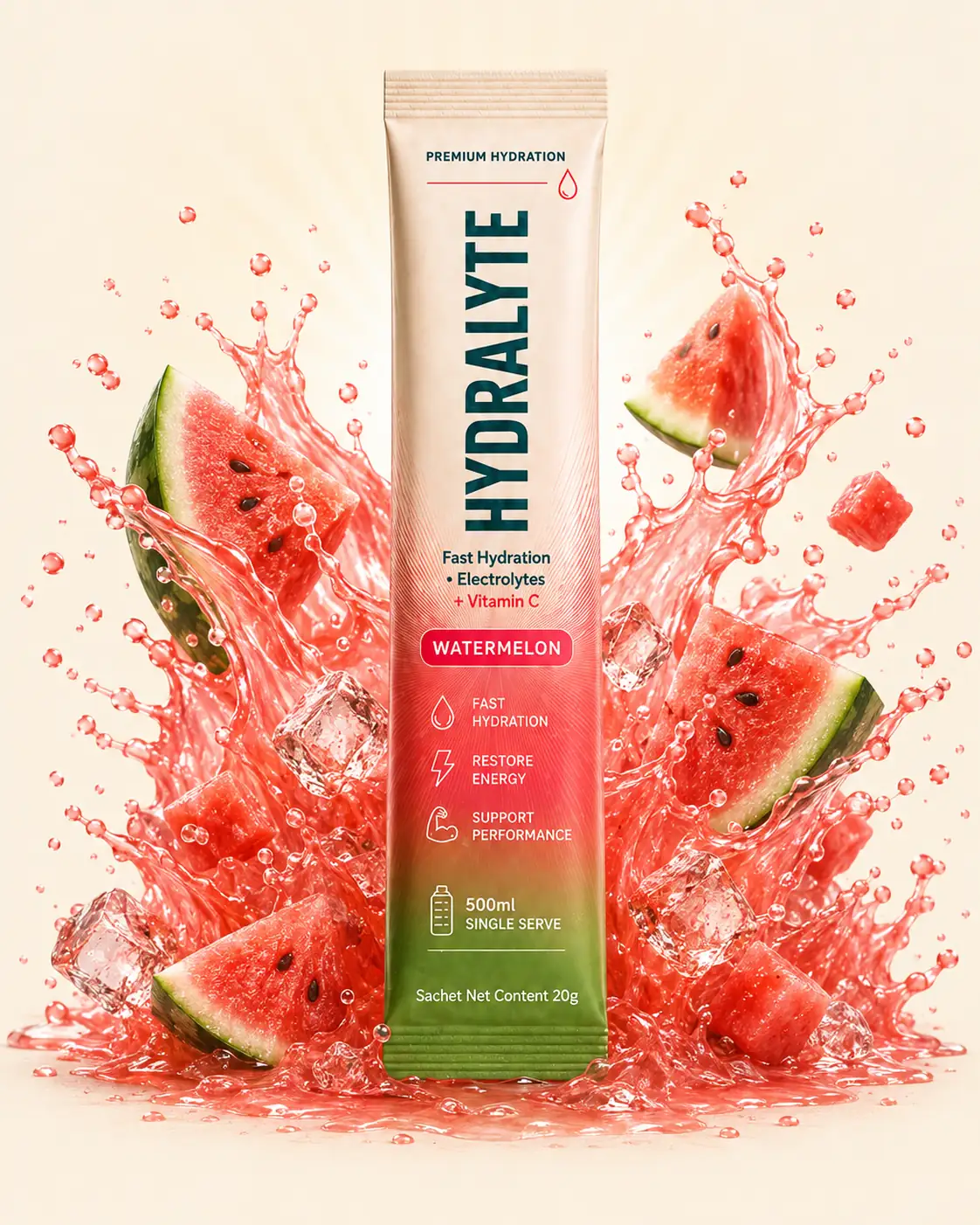 Hydralyte Watermelon 20 g stick sachet in a burst of watermelon juice and wedges