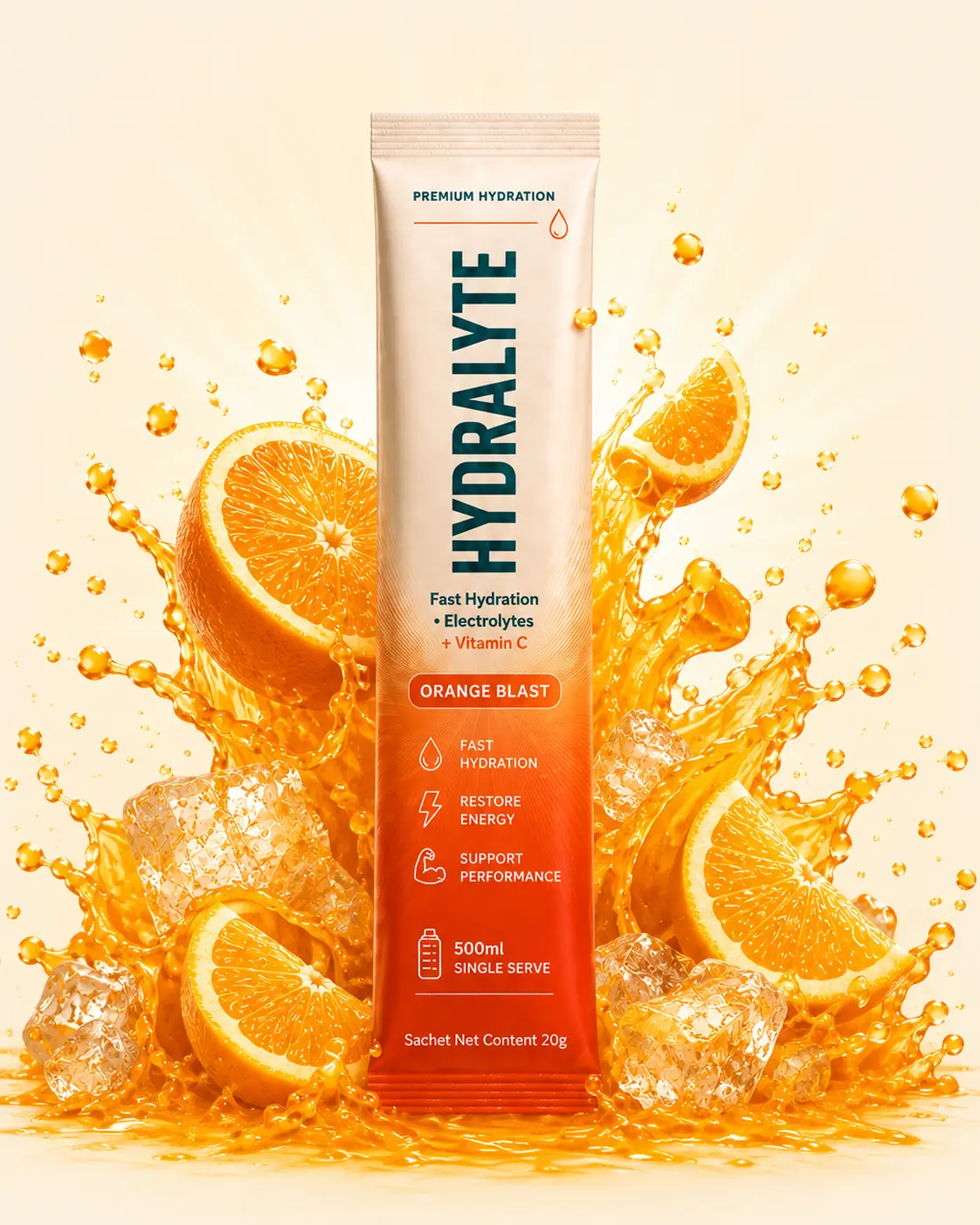 Hydralyte Orange Blast 20 g stick sachet in a burst of orange juice and fresh orange segments