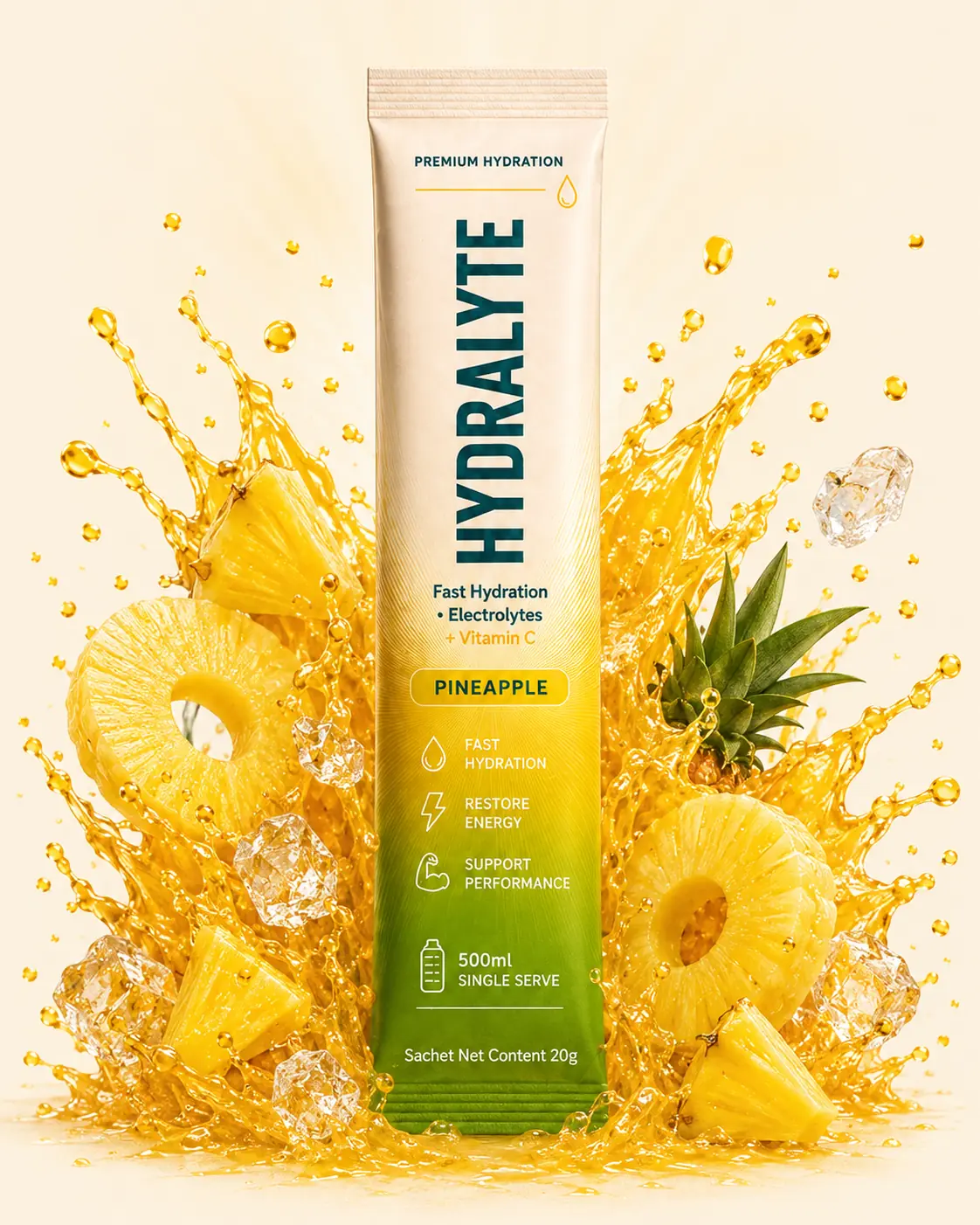 Hydralyte Pineapple 20 g stick sachet in a burst of pineapple juice and chunks