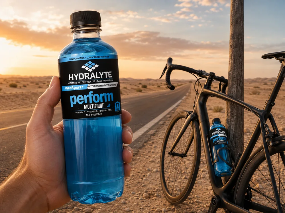 Road bike on an empty desert road at golden hour with a VitaSport+ Perform bottle in the cage and a second in hand