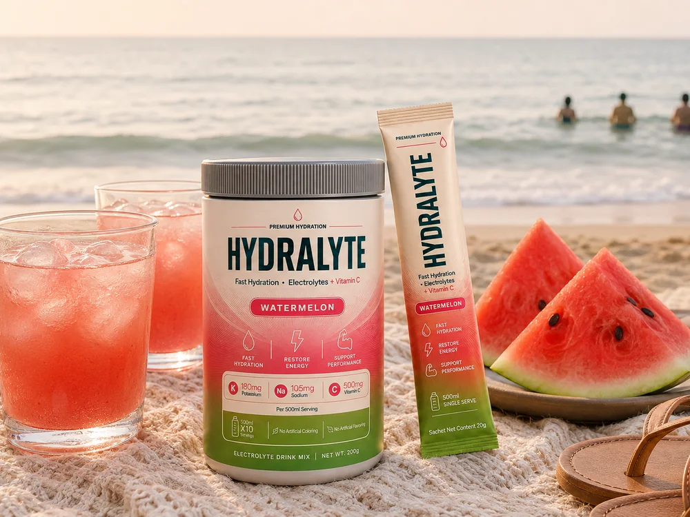 Beach picnic blanket with a Hydralyte Watermelon 200 g jar, two glasses of pink drink with ice, watermelon slices and a 20 g stick