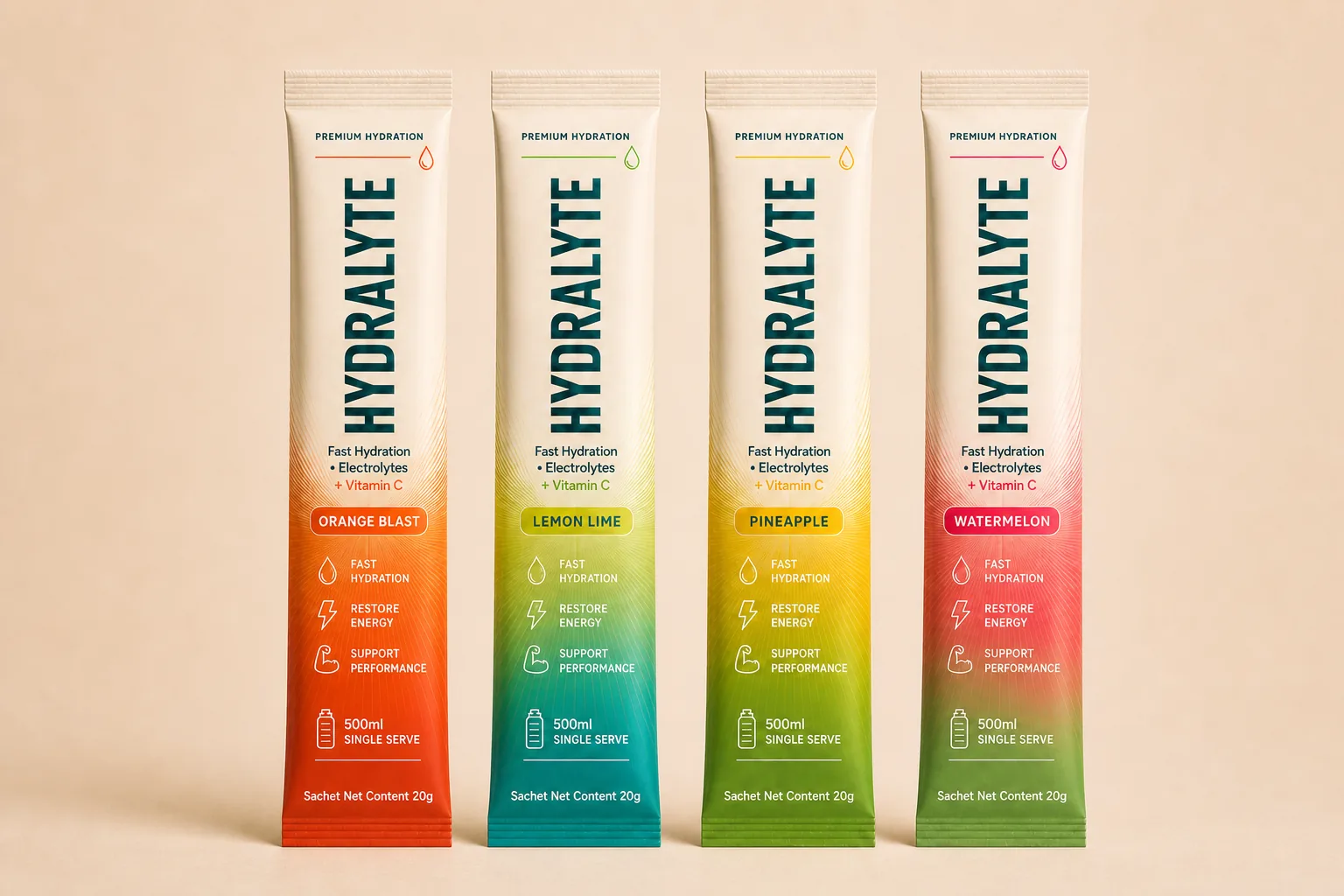 The four Hydralyte 20 g stick flavours — Orange Blast, Lemon Lime, Pineapple, Watermelon — lined up on a warm studio background