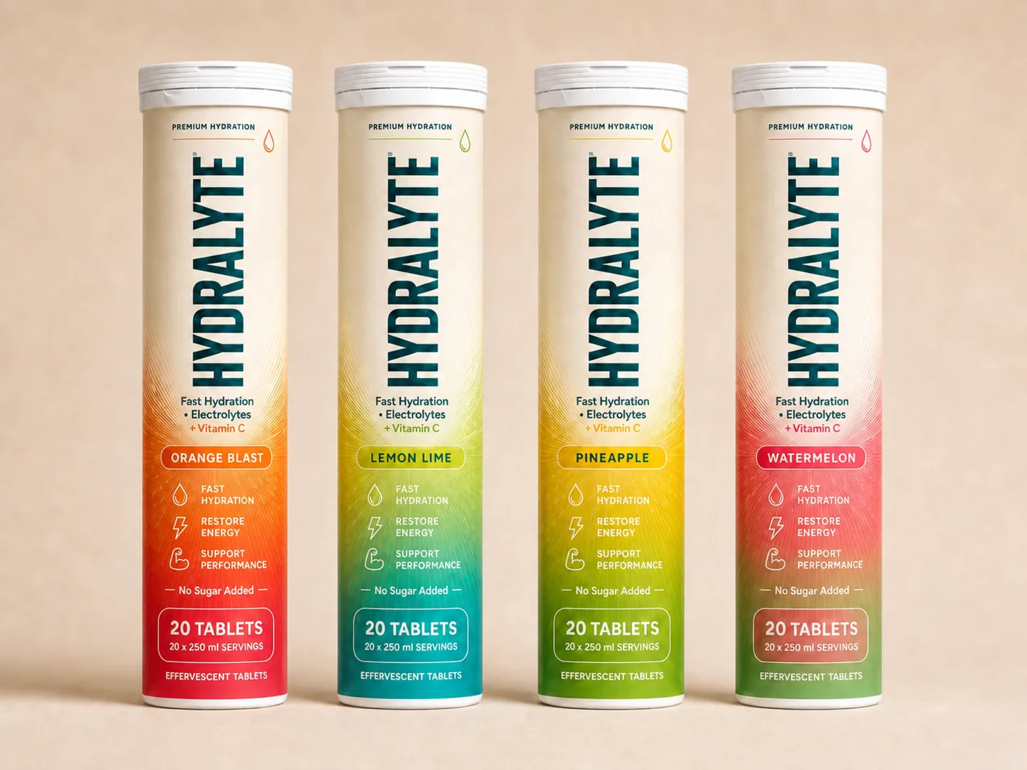 Hydralyte 20-tablet effervescent tubes in Orange Blast, Lemon Lime, Pineapple and Watermelon
